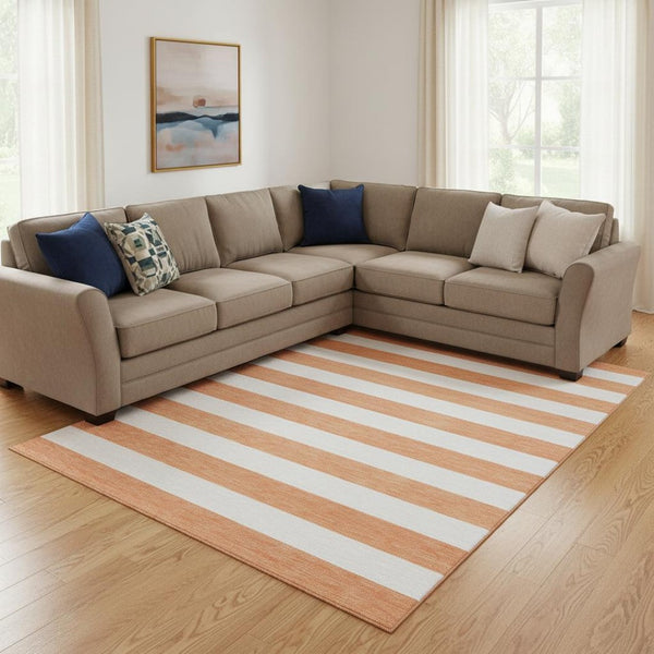 HomeRoots 9' X 12' Stylish Salmon & Ivory Striped Washable Area Rug - Durable, UV-Protected, Easy to Clean! 647655
