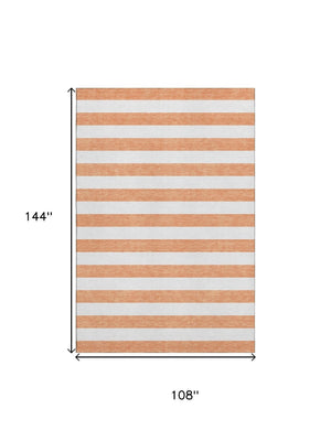 HomeRoots 9' X 12' Stylish Salmon & Ivory Striped Washable Area Rug - Durable, UV-Protected, Easy to Clean! 647655