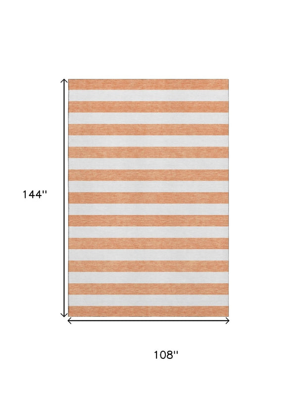 HomeRoots 9' X 12' Stylish Salmon & Ivory Striped Washable Area Rug - Durable, UV-Protected, Easy to Clean! 647655