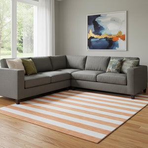 HomeRoots 10' X 14' Salmon & Ivory Striped Washable Area Rug - Durable, UV-Protected for Homes with Kids & Pets 647656