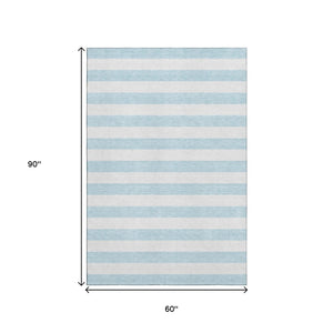 HomeRoots 5' Sky Blue and Ivory Striped Washable Area Rug with UV Protection for Stylish Coastal Homes 647658