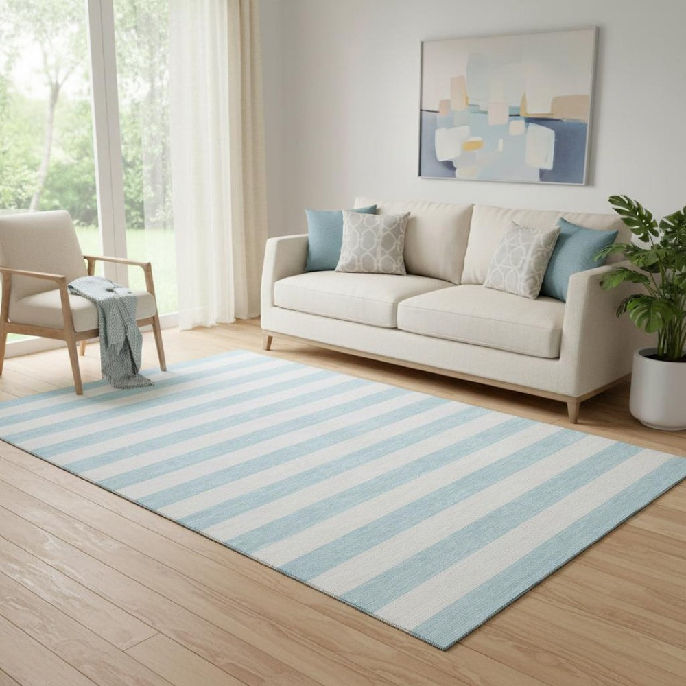 HomeRoots 5' Sky Blue and Ivory Striped Washable Area Rug with UV Protection for Stylish Coastal Homes 647658