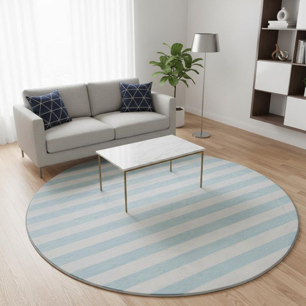 HomeRoots 8' Sky Blue & Ivory Striped Round Rug - UV Protected, Washable, Durable & Ideal for Any Space! 647659