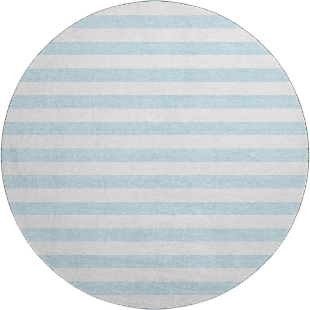 HomeRoots 8' Sky Blue & Ivory Striped Round Rug - UV Protected, Washable, Durable & Ideal for Any Space! 647659