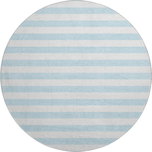 HomeRoots 8' Sky Blue & Ivory Striped Round Rug - UV Protected, Washable, Durable & Ideal for Any Space! 647659