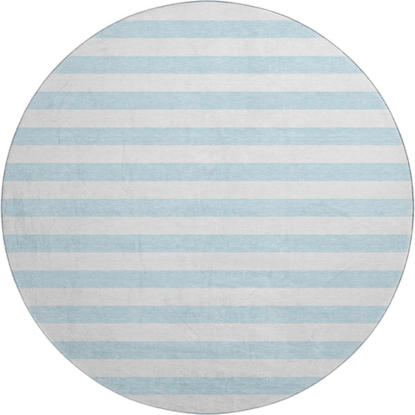 HomeRoots 8' Sky Blue & Ivory Striped Round Rug - UV Protected, Washable, Durable & Ideal for Any Space! 647659