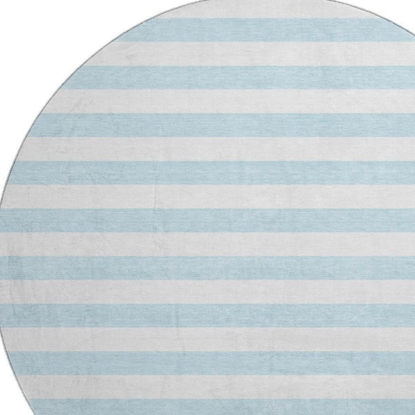 HomeRoots 8' Sky Blue & Ivory Striped Round Rug - UV Protected, Washable, Durable & Ideal for Any Space! 647659