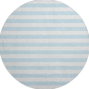 HomeRoots 8' Sky Blue & Ivory Striped Round Rug - UV Protected, Washable, Durable & Ideal for Any Space! 647659