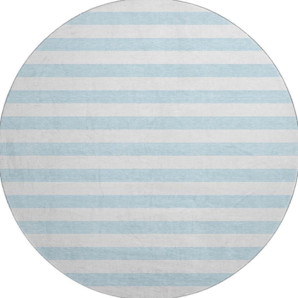 HomeRoots 8' Sky Blue & Ivory Striped Round Rug - UV Protected, Washable, Durable & Ideal for Any Space! 647659