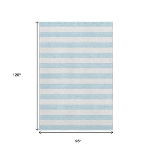 HomeRoots 8' X 10' Sky Blue Ivory Striped Washable Area Rug with UV Protection - Durable, Stylish, Family-Friendly! 647660