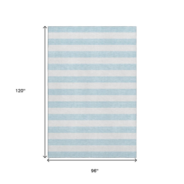 HomeRoots 8' X 10' Sky Blue Ivory Striped Washable Area Rug with UV Protection - Durable, Stylish, Family-Friendly! 647660
