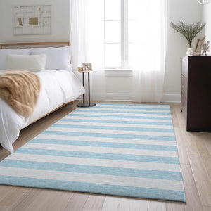 HomeRoots 8' X 10' Sky Blue Ivory Striped Washable Area Rug with UV Protection - Durable, Stylish, Family-Friendly! 647660