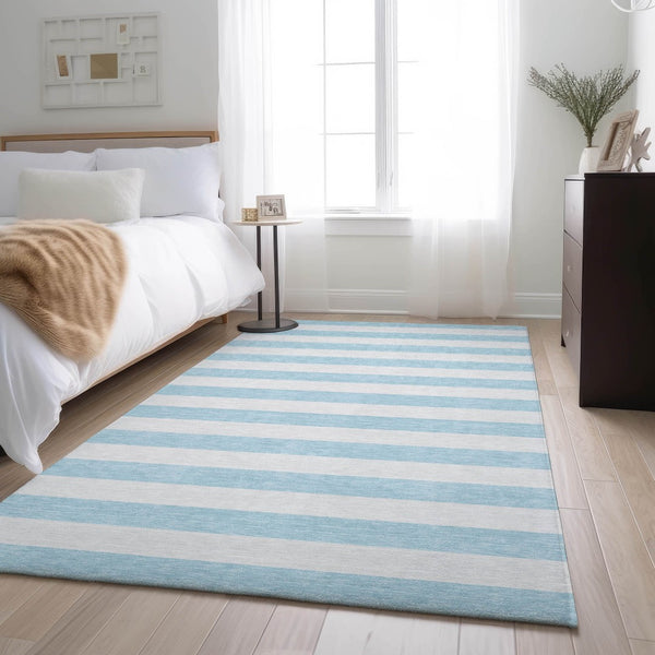HomeRoots 8' X 10' Sky Blue Ivory Striped Washable Area Rug with UV Protection - Durable, Stylish, Family-Friendly! 647660