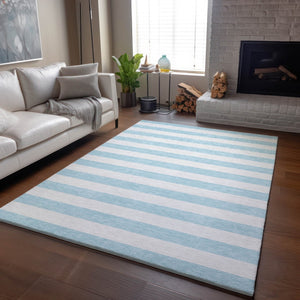 HomeRoots 8' X 10' Sky Blue Ivory Striped Washable Area Rug with UV Protection - Durable, Stylish, Family-Friendly! 647660