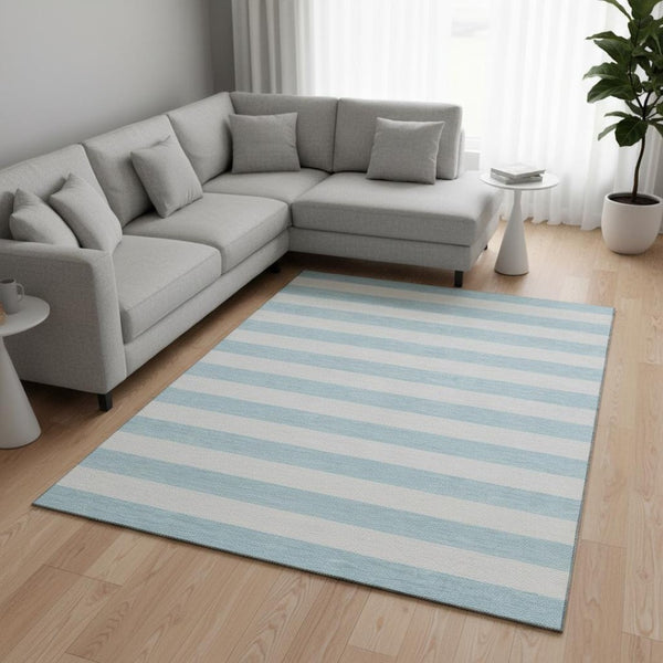 HomeRoots 8' X 10' Sky Blue Ivory Striped Washable Area Rug with UV Protection - Durable, Stylish, Family-Friendly! 647660
