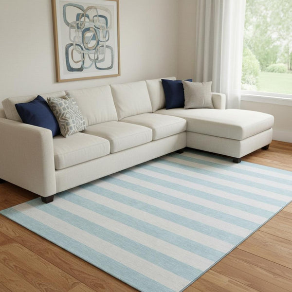 HomeRoots 9' X 12' Stylish Sky Blue & Ivory Striped Washable Area Rug with UV Protection for High Traffic Areas 647661