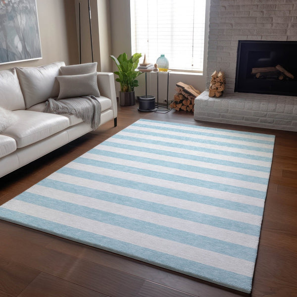 HomeRoots 9' X 12' Stylish Sky Blue & Ivory Striped Washable Area Rug with UV Protection for High Traffic Areas 647661