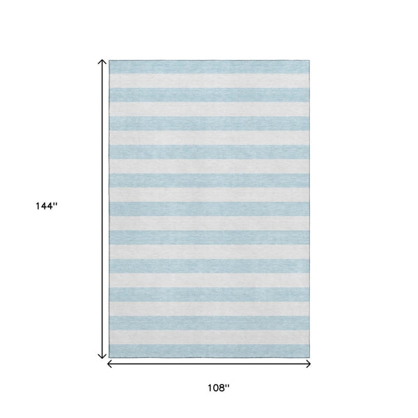 HomeRoots 9' X 12' Stylish Sky Blue & Ivory Striped Washable Area Rug with UV Protection for High Traffic Areas 647661