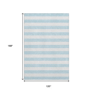 HomeRoots 10' X 14' Sky Blue Striped Area Rug - Washable, UV Protected, Stain-Resistant for Kids & Pets! 647662