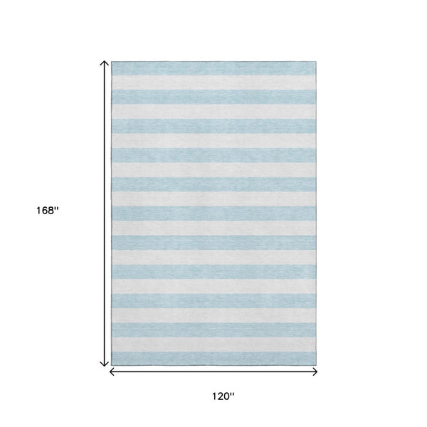 HomeRoots 10' X 14' Sky Blue Striped Area Rug - Washable, UV Protected, Stain-Resistant for Kids & Pets! 647662