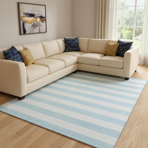 HomeRoots 10' X 14' Sky Blue Striped Area Rug - Washable, UV Protected, Stain-Resistant for Kids & Pets! 647662