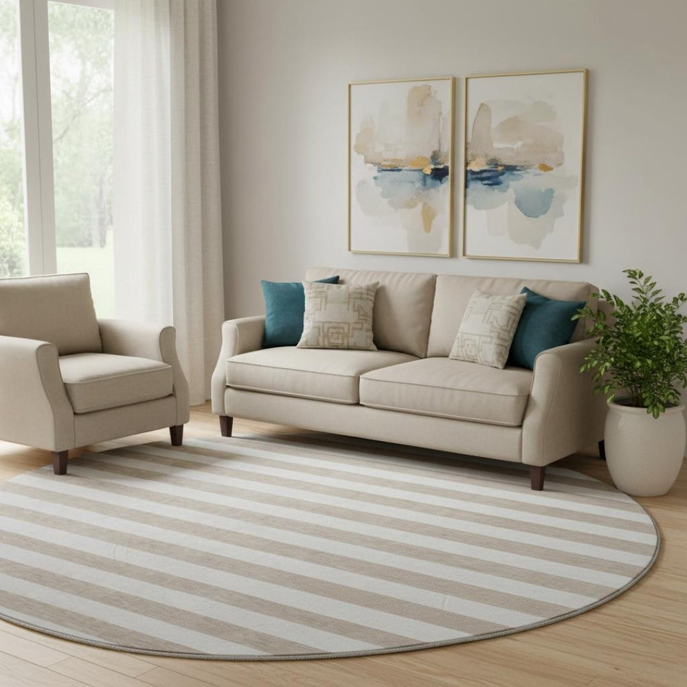 HomeRoots 8' Taupe and Ivory Striped Round Washable Rug – Durable, UV Protected, Ideal for Homes with Kids & Pets! 647665