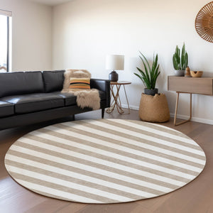 HomeRoots 8' Taupe and Ivory Striped Round Washable Rug – Durable, UV Protected, Ideal for Homes with Kids & Pets! 647665