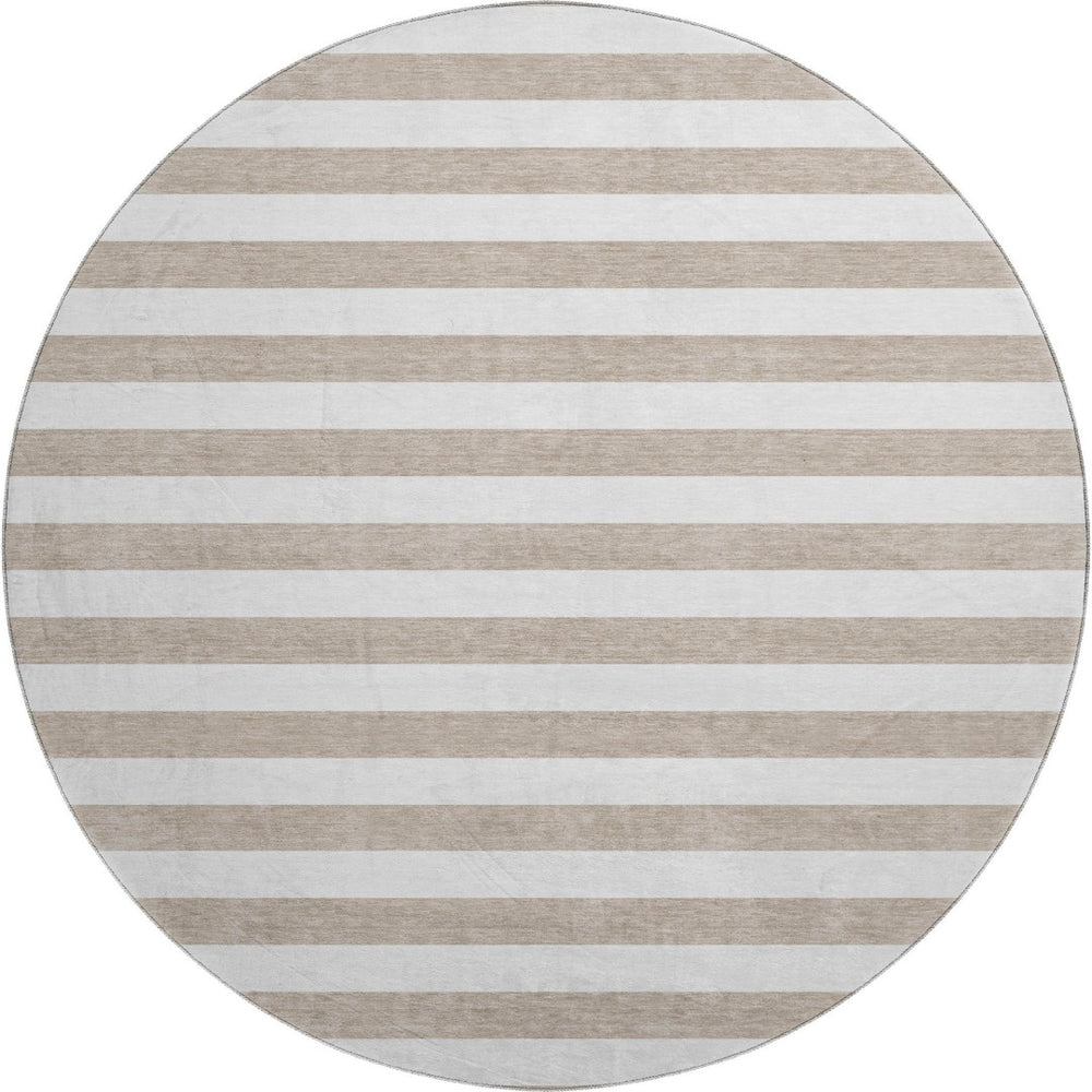HomeRoots 8' Taupe and Ivory Striped Round Washable Rug – Durable, UV Protected, Ideal for Homes with Kids & Pets! 647665