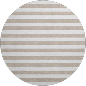 HomeRoots 8' Taupe and Ivory Striped Round Washable Rug – Durable, UV Protected, Ideal for Homes with Kids & Pets! 647665