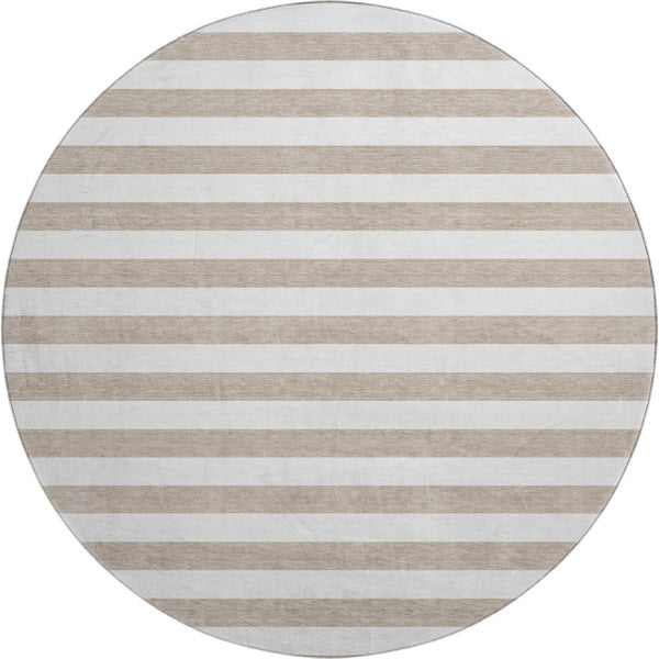 HomeRoots 8' Taupe and Ivory Striped Round Washable Rug – Durable, UV Protected, Ideal for Homes with Kids & Pets! 647665