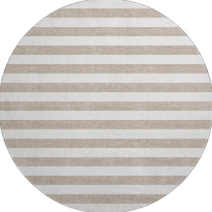 HomeRoots 8' Taupe and Ivory Striped Round Washable Rug – Durable, UV Protected, Ideal for Homes with Kids & Pets! 647665