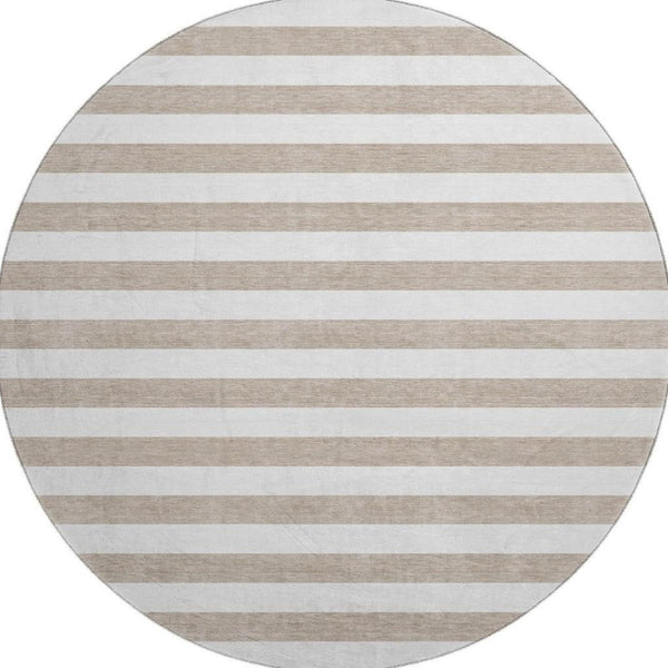 HomeRoots 8' Taupe and Ivory Striped Round Washable Rug – Durable, UV Protected, Ideal for Homes with Kids & Pets! 647665