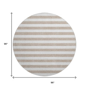 HomeRoots 8' Taupe and Ivory Striped Round Washable Rug – Durable, UV Protected, Ideal for Homes with Kids & Pets! 647665