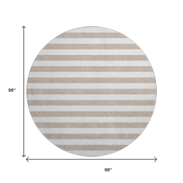 HomeRoots 8' Taupe and Ivory Striped Round Washable Rug – Durable, UV Protected, Ideal for Homes with Kids & Pets! 647665
