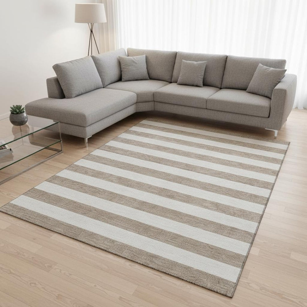 HomeRoots 8' X 10' Striped Taupe and Ivory Washable Area Rug with UV Protection for High-Traffic Spaces 647666