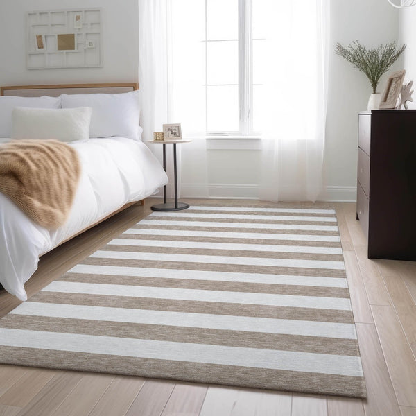 HomeRoots 8' X 10' Striped Taupe and Ivory Washable Area Rug with UV Protection for High-Traffic Spaces 647666