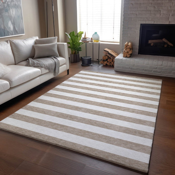HomeRoots 8' X 10' Striped Taupe and Ivory Washable Area Rug with UV Protection for High-Traffic Spaces 647666