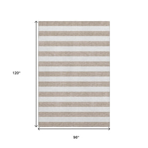 HomeRoots 8' X 10' Striped Taupe and Ivory Washable Area Rug with UV Protection for High-Traffic Spaces 647666