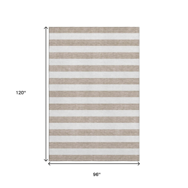 HomeRoots 8' X 10' Striped Taupe and Ivory Washable Area Rug with UV Protection for High-Traffic Spaces 647666