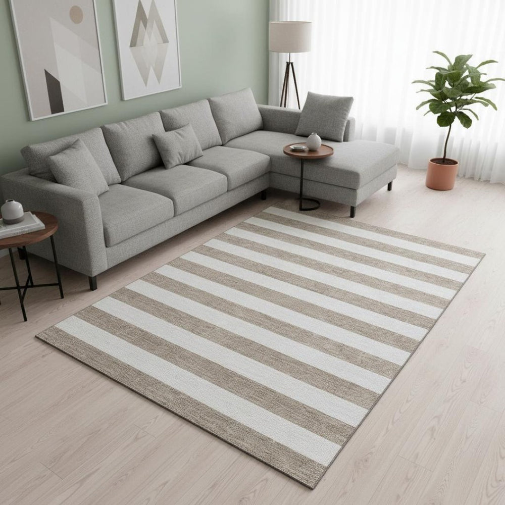 HomeRoots 9' X 12' Taupe Ivory Striped Area Rug - Stylish, Durable, Washable, UV Resistant for High-Traffic Spaces 647667