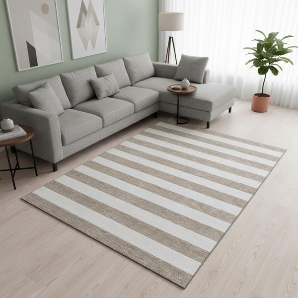 HomeRoots 9' X 12' Taupe Ivory Striped Area Rug - Stylish, Durable, Washable, UV Resistant for High-Traffic Spaces 647667