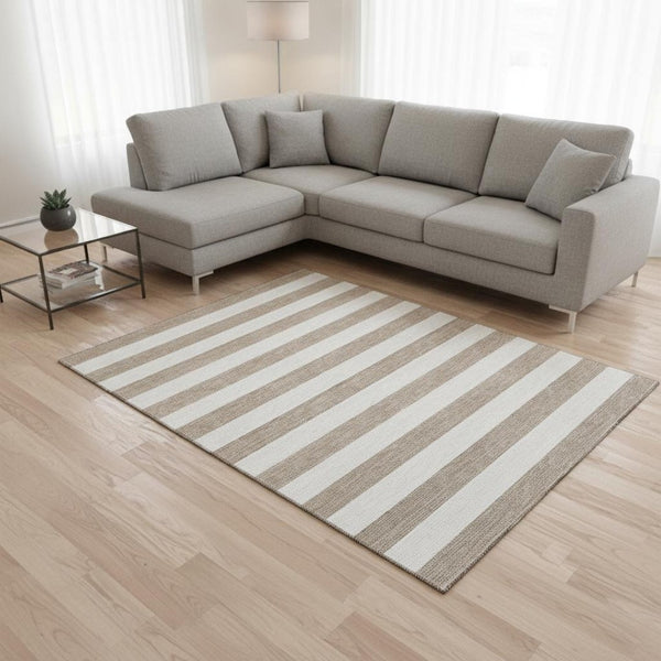 HomeRoots 10' Taupe and Ivory Striped Area Rug – Washable, UV Protected, Stain Resistant, Perfect for Families 647668