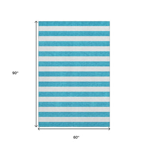 HomeRoots 5' Teal and Ivory Striped Washable Area Rug with UV Protection - Durable, Stain Resistant, Stylish Design! 647670