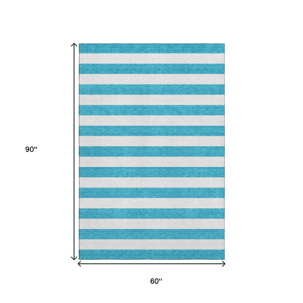 HomeRoots 5' Teal and Ivory Striped Washable Area Rug with UV Protection - Durable, Stain Resistant, Stylish Design! 647670