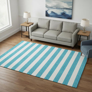 HomeRoots 5' Teal and Ivory Striped Washable Area Rug with UV Protection - Durable, Stain Resistant, Stylish Design! 647670