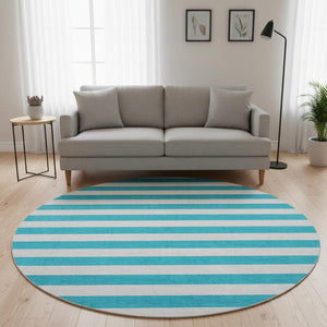 HomeRoots 8' Teal and Ivory Striped Washable Round Rug - Durable, Stain-Resistant with UV Protection for Homes 647671