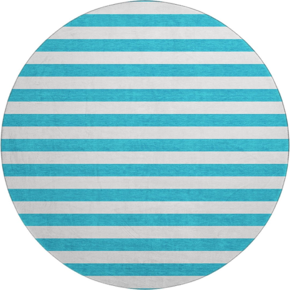 HomeRoots 8' Teal and Ivory Striped Washable Round Rug - Durable, Stain-Resistant with UV Protection for Homes 647671