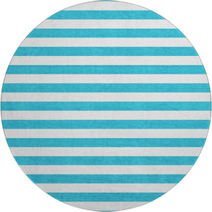 HomeRoots 8' Teal and Ivory Striped Washable Round Rug - Durable, Stain-Resistant with UV Protection for Homes 647671