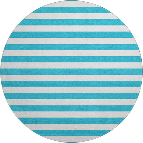 HomeRoots 8' Teal and Ivory Striped Washable Round Rug - Durable, Stain-Resistant with UV Protection for Homes 647671