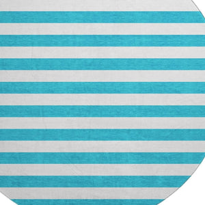 HomeRoots 8' Teal and Ivory Striped Washable Round Rug - Durable, Stain-Resistant with UV Protection for Homes 647671